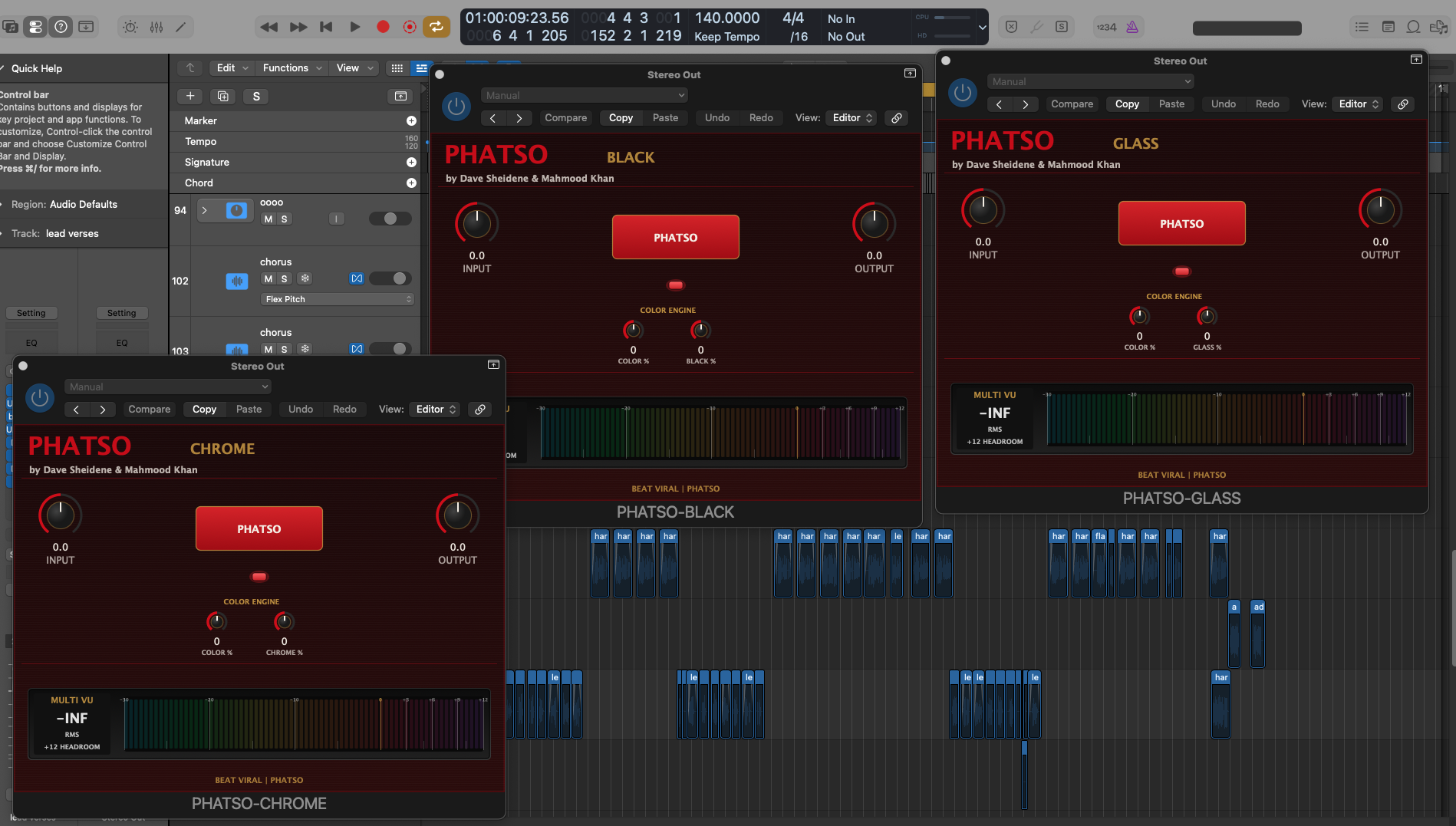 PHATSO BLACK, GLASS, and CHROME plugins open inside a DAW mix session