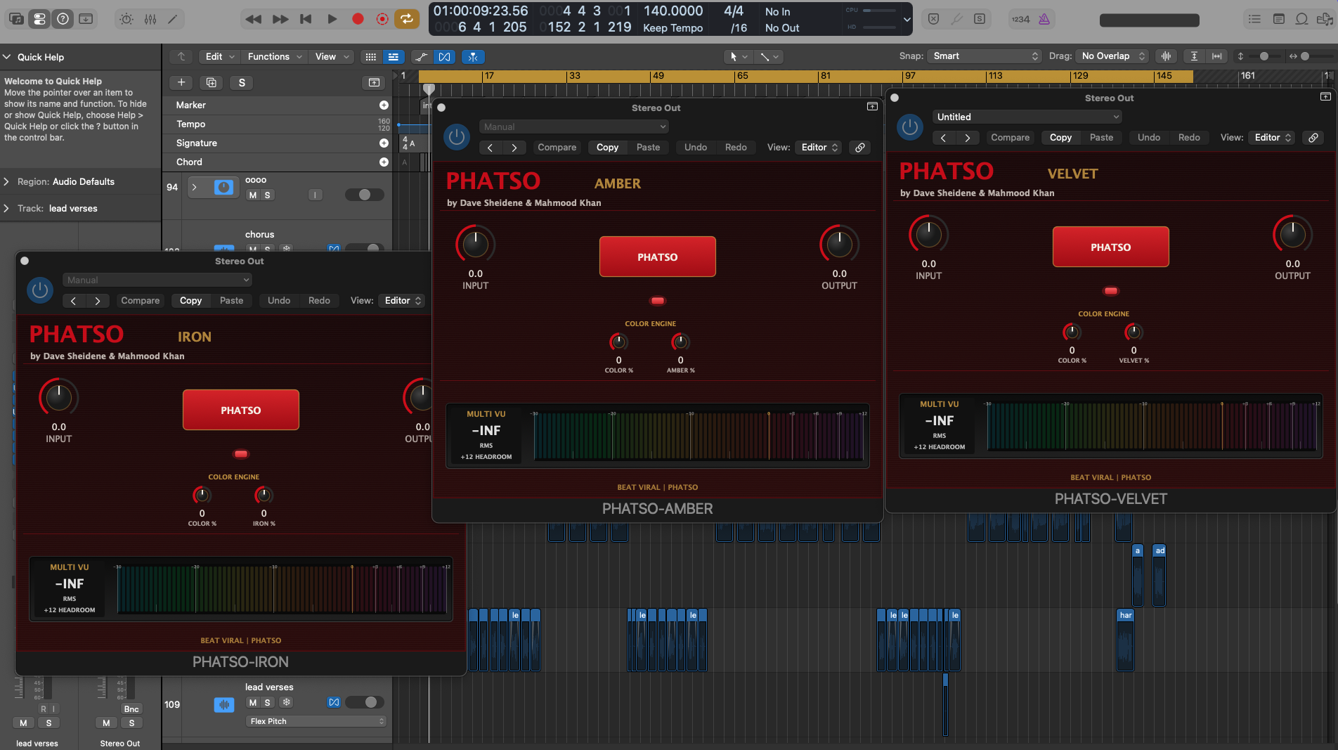 PHATSO IRON, AMBER, and VELVET plugins open inside a DAW mix session